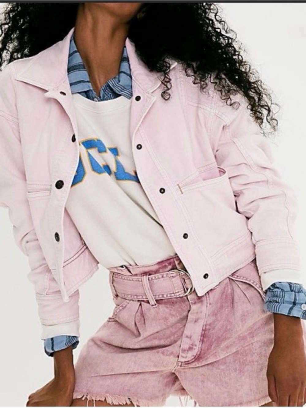 Free People Pastel Pink Cropped Denim Jacket - Picture 1 of 6